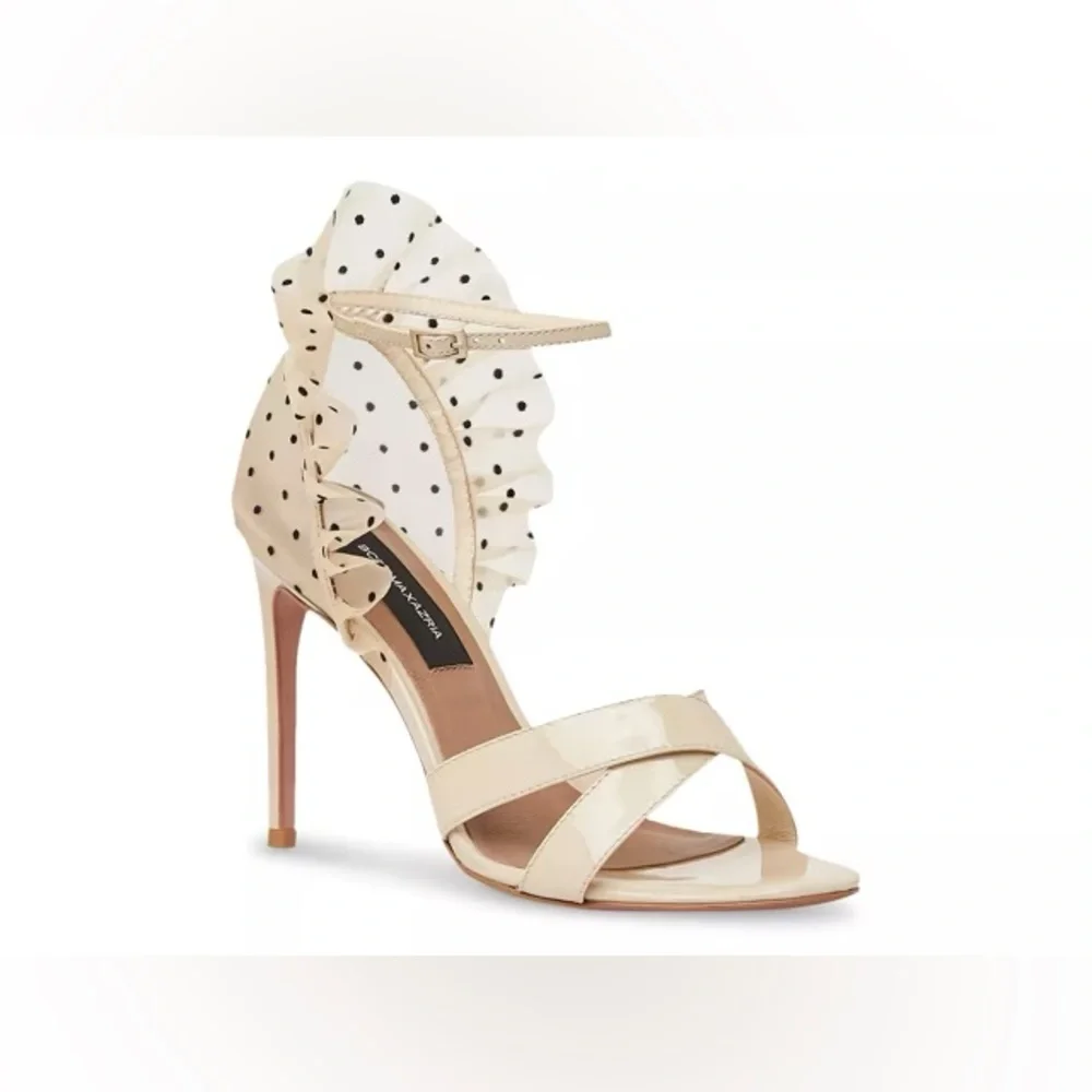 BCBGMaxazria Stella Sandal Cream Ruffle Polka Dot Heels - Picture 1 of 14